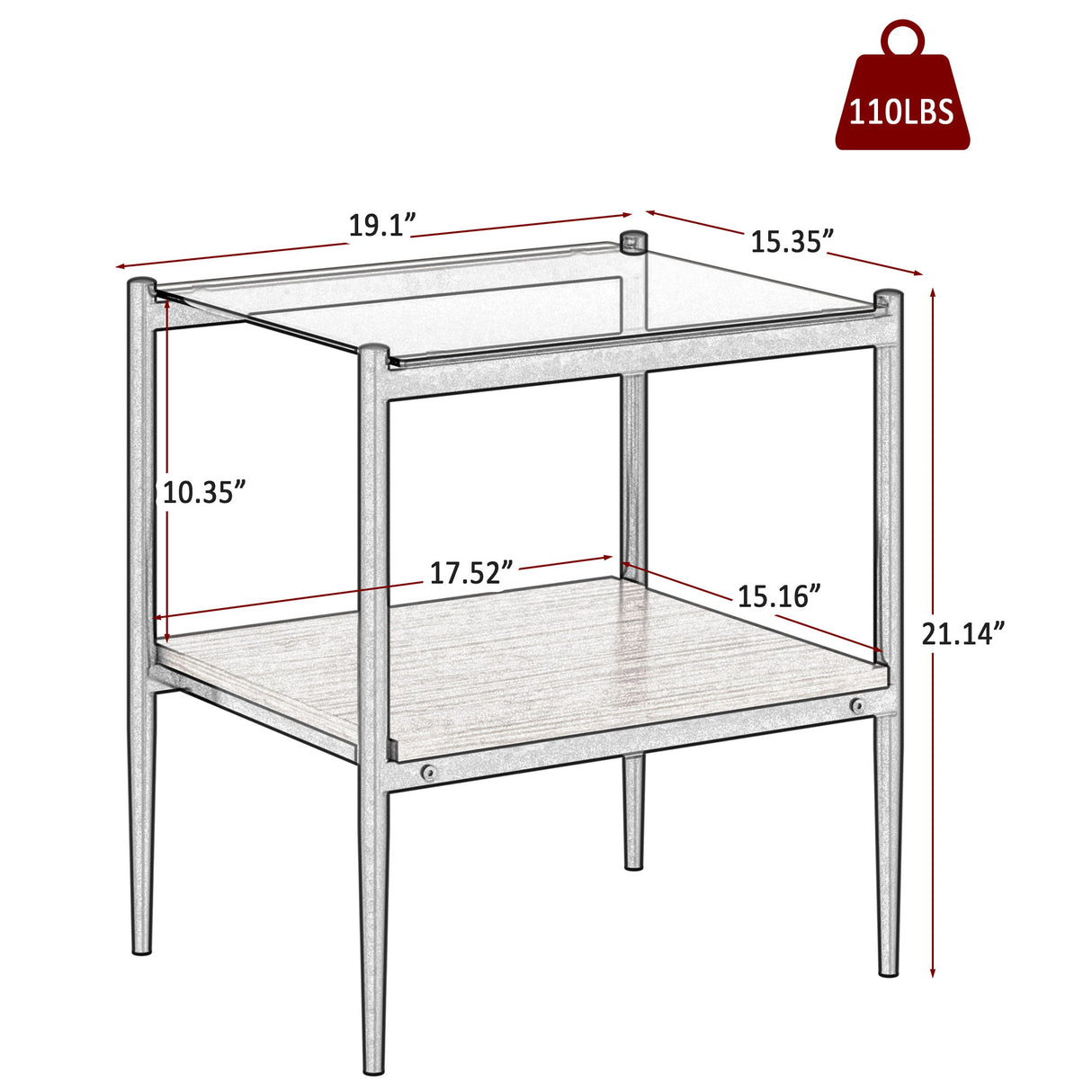 Modern Rectangle End Table (Set of 2) With Tempered Glass Tabletop And Layer - Brown
