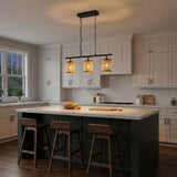 Elysian - 3 Lights Island With Natural Shade Farmhouse Chain Ceiling Lamp - Black / Rattan