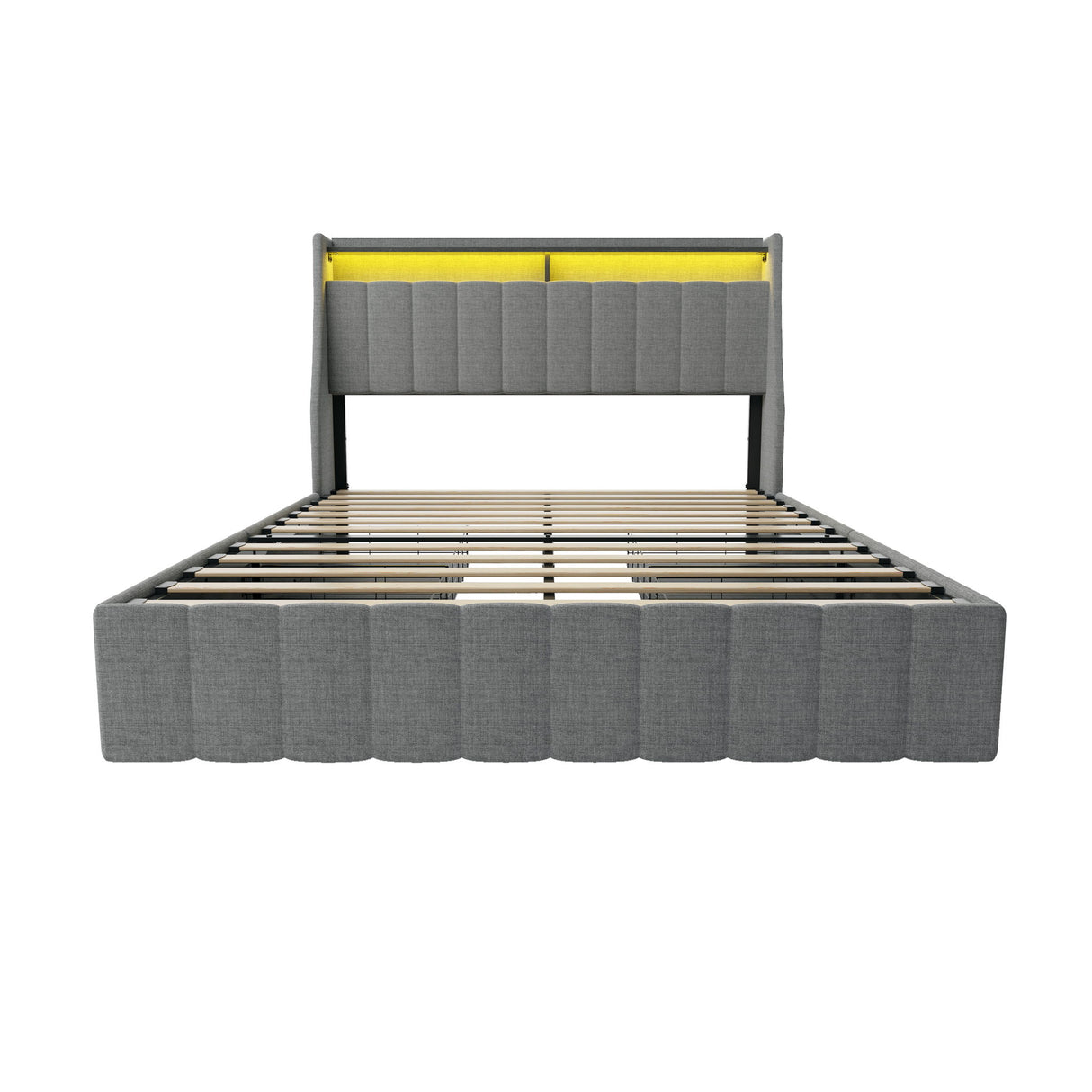 Queen Size Bed Frame With LED Lighting, Winged Headboard With Storage Drawers - Light Gray