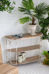 3 Tiered Wooden Shelving Unit With Ornate Iron Frame - Multicolor