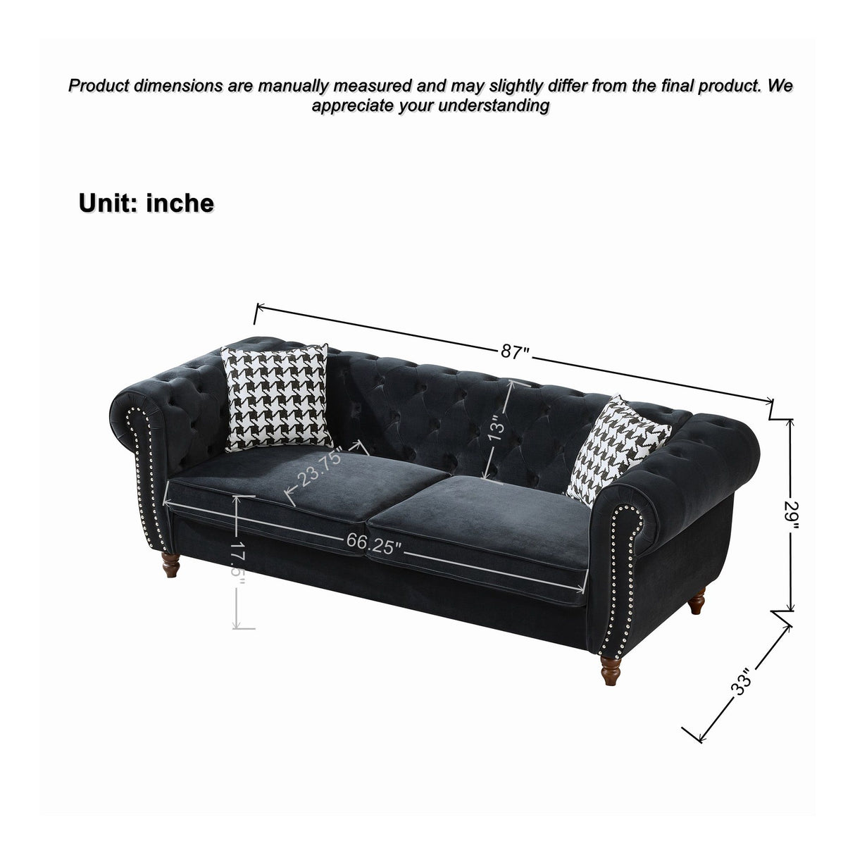 Chesterfield Upholstery Fabric Sofa With Roll Armrest & Nailhead, Mid Century Modern 3 And 3 Seater Couch