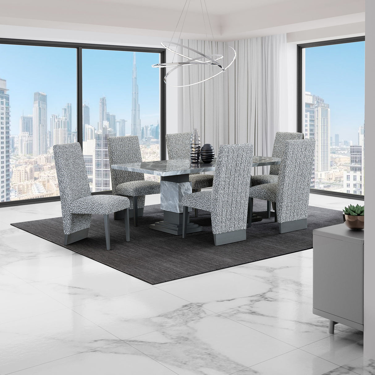 Michelle - Dining Table With Double Pedestal Marble Detailing - Gray