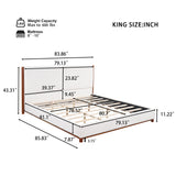 King Upholstered Bed Frame, No Box Spring Needed - Walnut / White