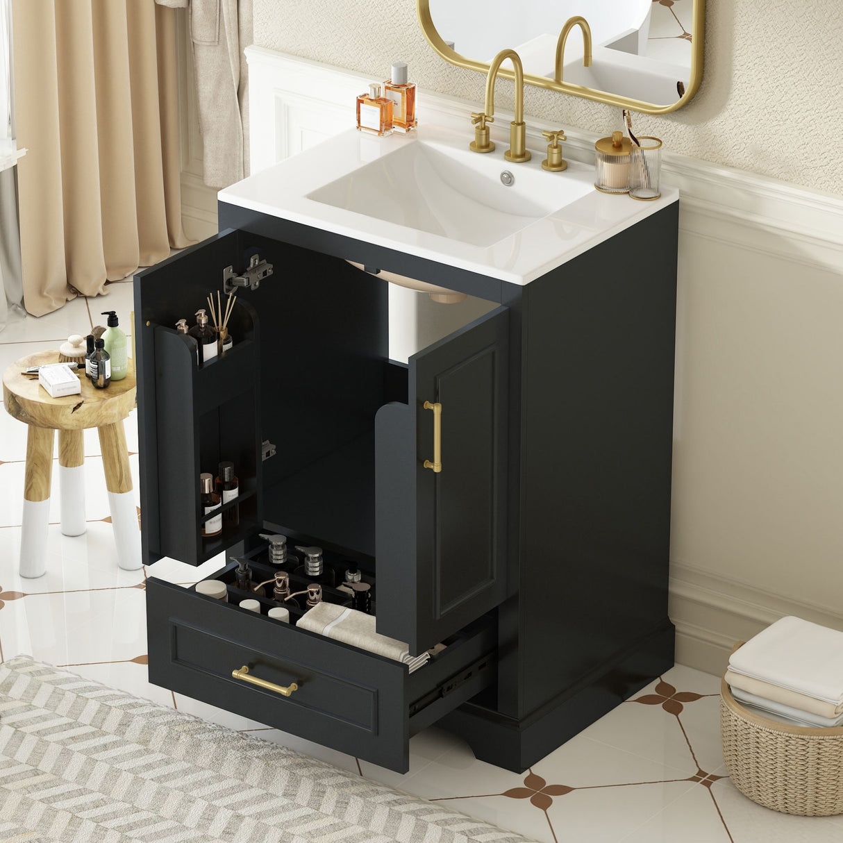 Bathroom Vanity With Sink, 1 Divided Drawer And 2 Soft Close Doors With Double Shelf