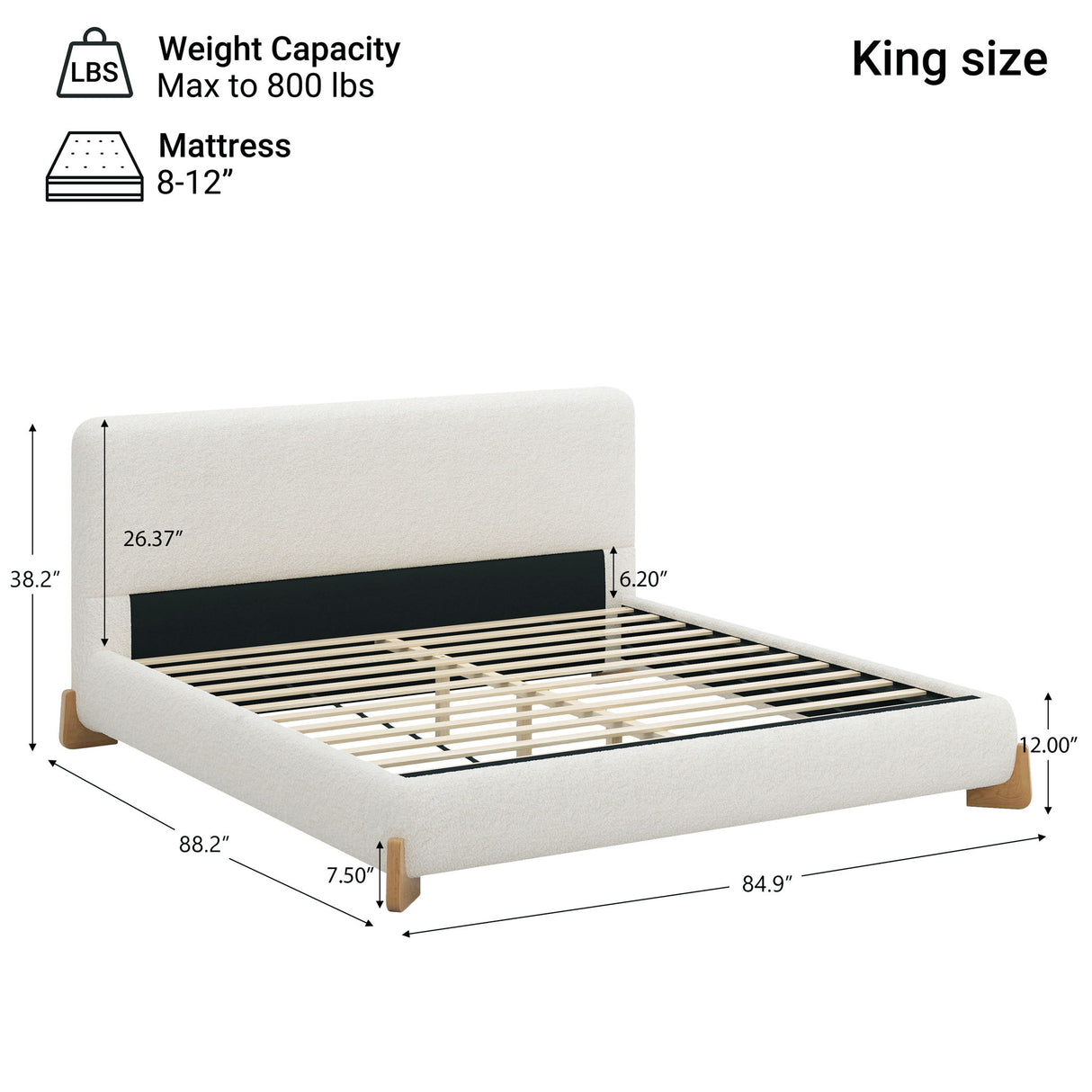 Elegant Boucle Upholstered Bed With Solid Wood Feet