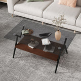 Rectangle Coffee Table With Tempered Glass Top And Shelf, Modern Table For Living Room
